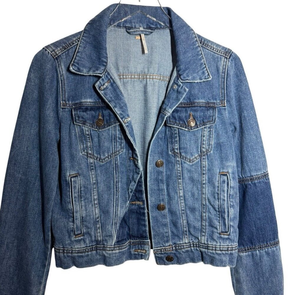 Free People trucker jacket Blue Rumors Denim jeans Jacket Size S patchwork - Picture 4 of 9
